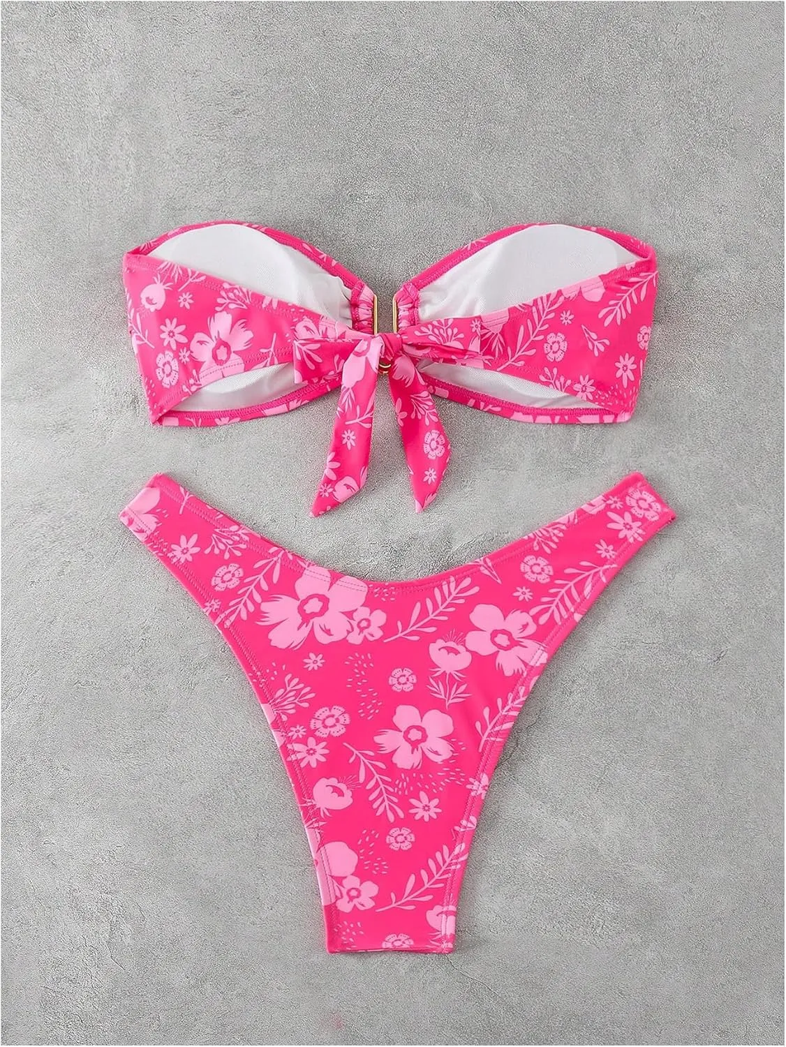 SHENHE Women's 2 Piece Strapless Swimsuit U Wire Floral Tie Back Ruched Bandeau Bikini with Thong Set