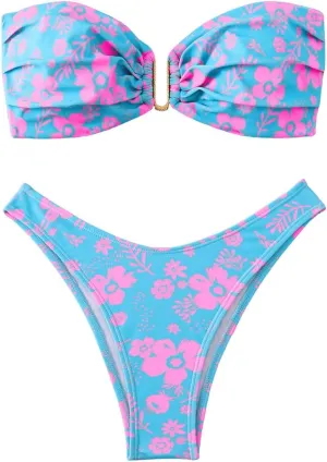 SHENHE Women's 2 Piece Strapless Swimsuit U Wire Floral Tie Back Ruched Bandeau Bikini with Thong Set