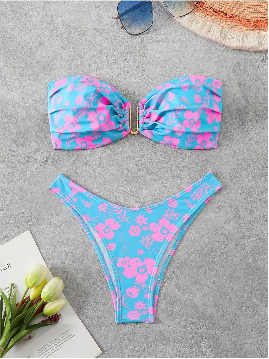 SHENHE Women's 2 Piece Strapless Swimsuit U Wire Floral Tie Back Ruched Bandeau Bikini with Thong Set
