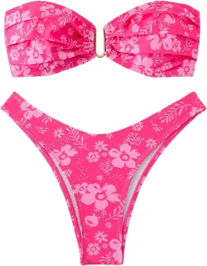 SHENHE Women's 2 Piece Strapless Swimsuit U Wire Floral Tie Back Ruched Bandeau Bikini with Thong Set
