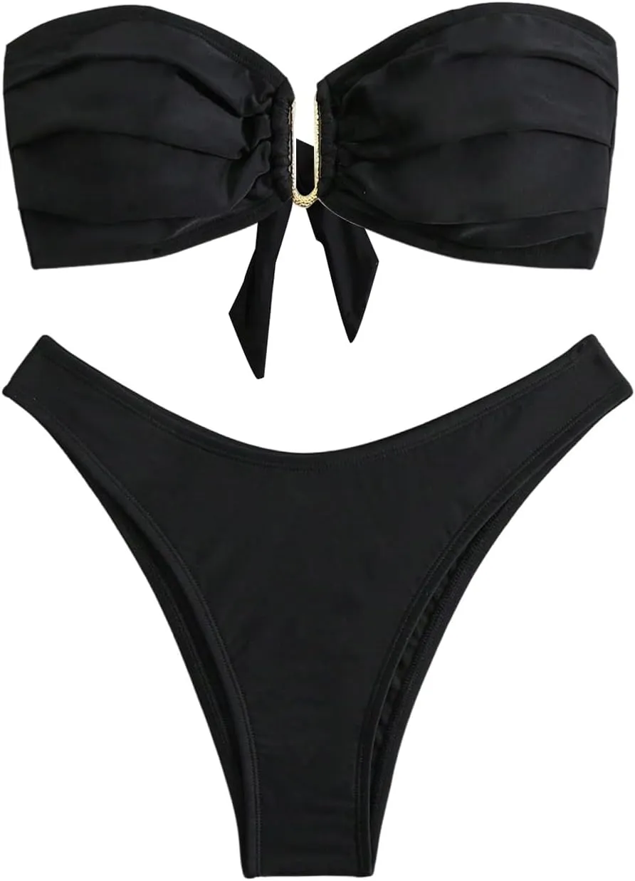 SHENHE Women's 2 Piece Strapless Swimsuit U Wire Floral Tie Back Ruched Bandeau Bikini with Thong Set