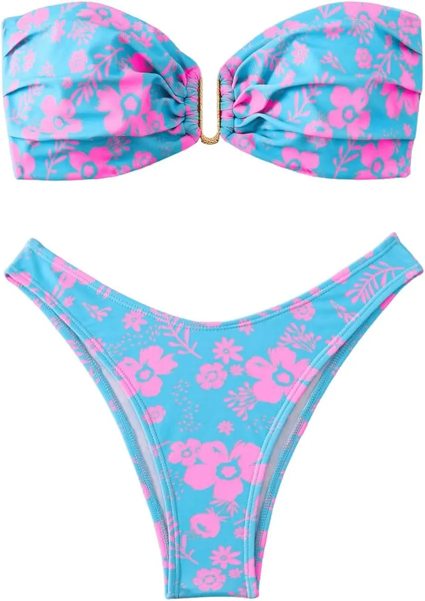 SHENHE Women's 2 Piece Strapless Swimsuit U Wire Floral Tie Back Ruched Bandeau Bikini with Thong Set
