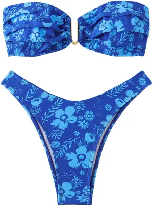 SHENHE Women's 2 Piece Strapless Swimsuit U Wire Floral Tie Back Ruched Bandeau Bikini with Thong Set