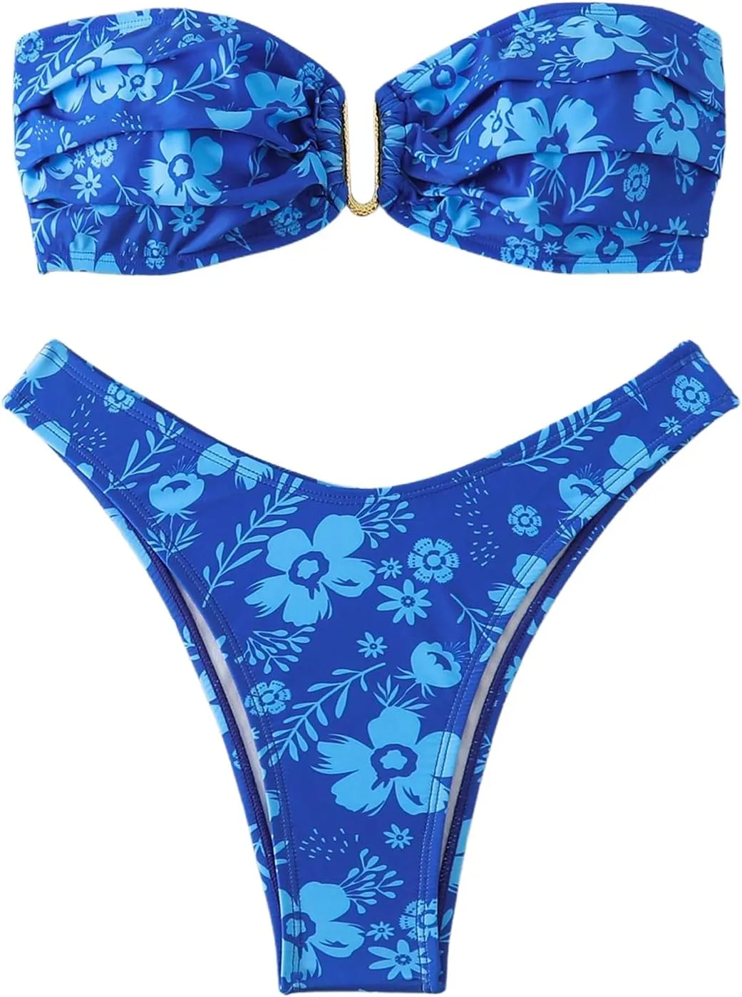 SHENHE Women's 2 Piece Strapless Swimsuit U Wire Floral Tie Back Ruched Bandeau Bikini with Thong Set