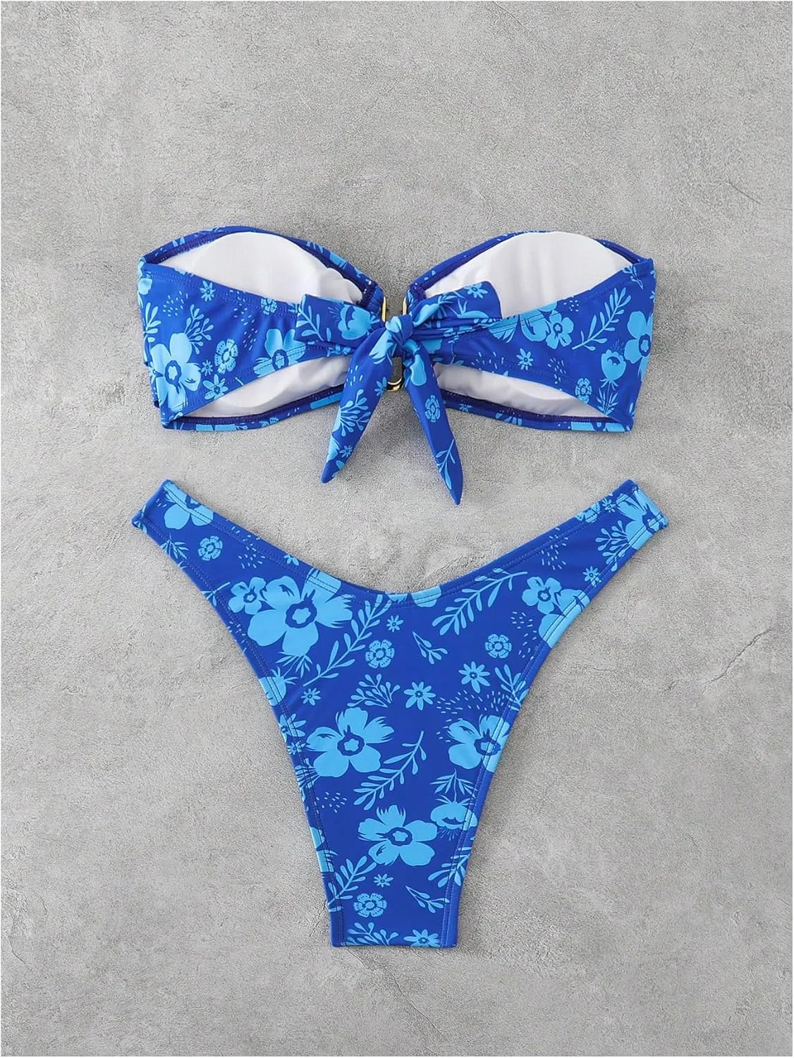 SHENHE Women's 2 Piece Strapless Swimsuit U Wire Floral Tie Back Ruched Bandeau Bikini with Thong Set