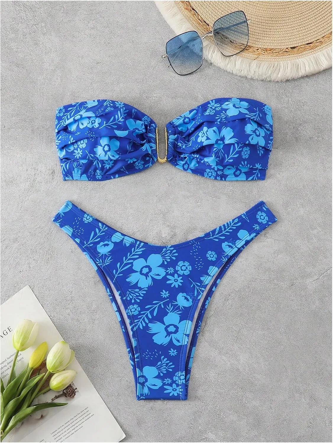 SHENHE Women's 2 Piece Strapless Swimsuit U Wire Floral Tie Back Ruched Bandeau Bikini with Thong Set