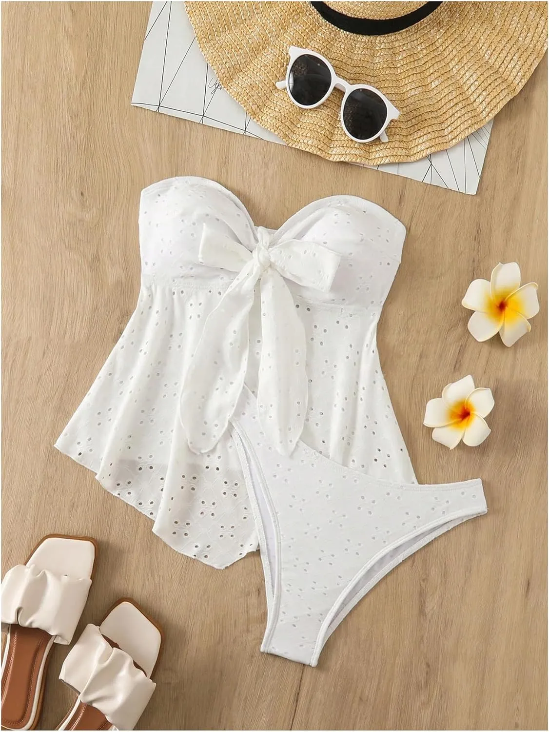 SHENHE Women's 2 Piece Strapless Tankini Swimsuit Tie Knot Eyelet Ruffled Bandeau Bathing Suit