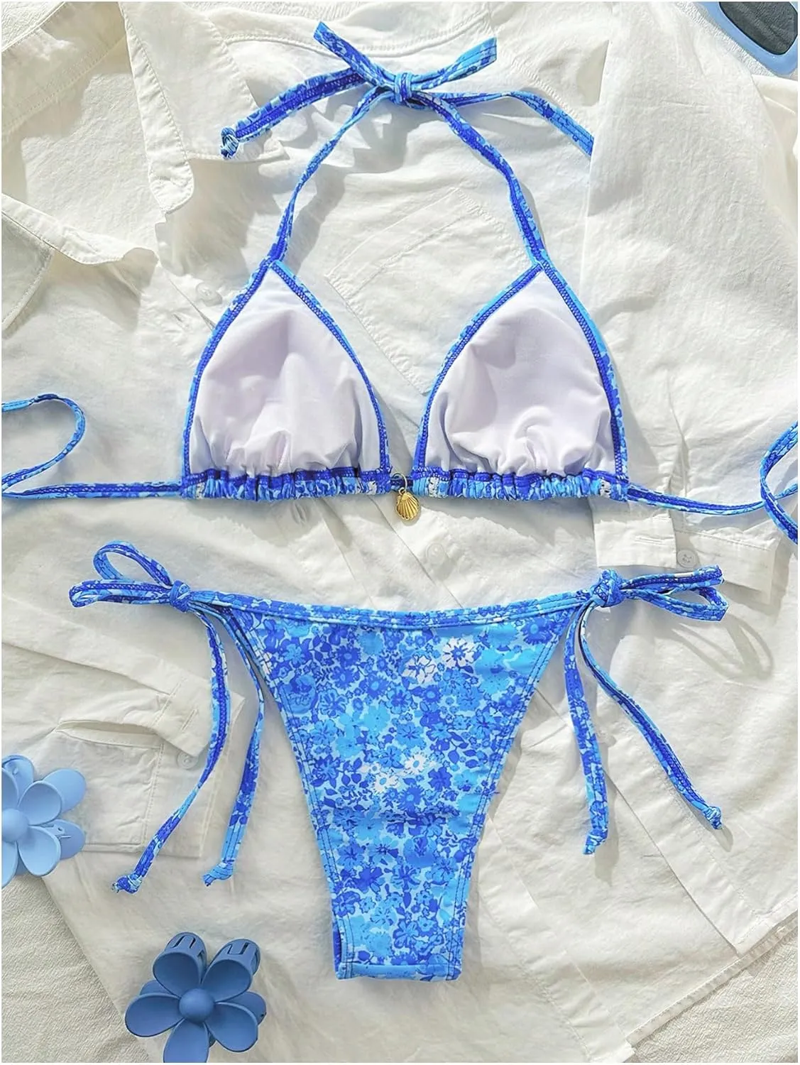 SHENHE Women's 2 Piece Swimsuit Floral Print Halter Tie Side Triangle Bikini Set