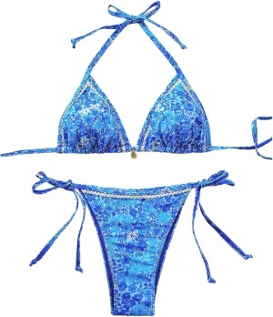 SHENHE Women's 2 Piece Swimsuit Floral Print Halter Tie Side Triangle Bikini Set