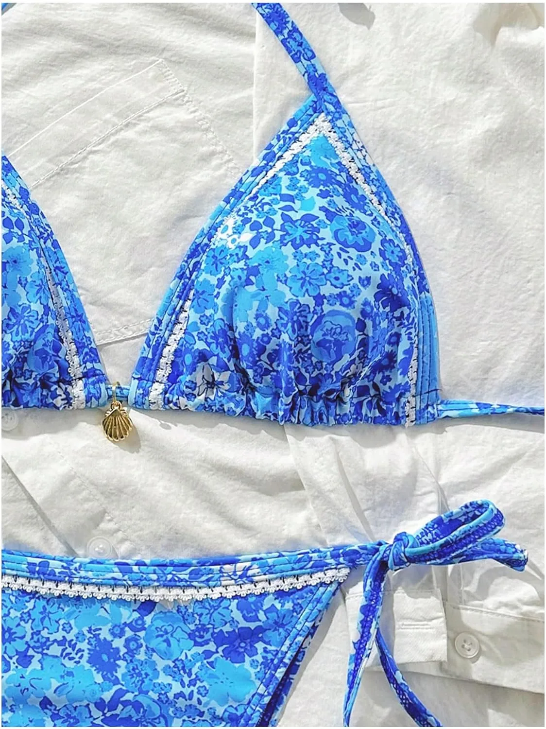 SHENHE Women's 2 Piece Swimsuit Floral Print Halter Tie Side Triangle Bikini Set