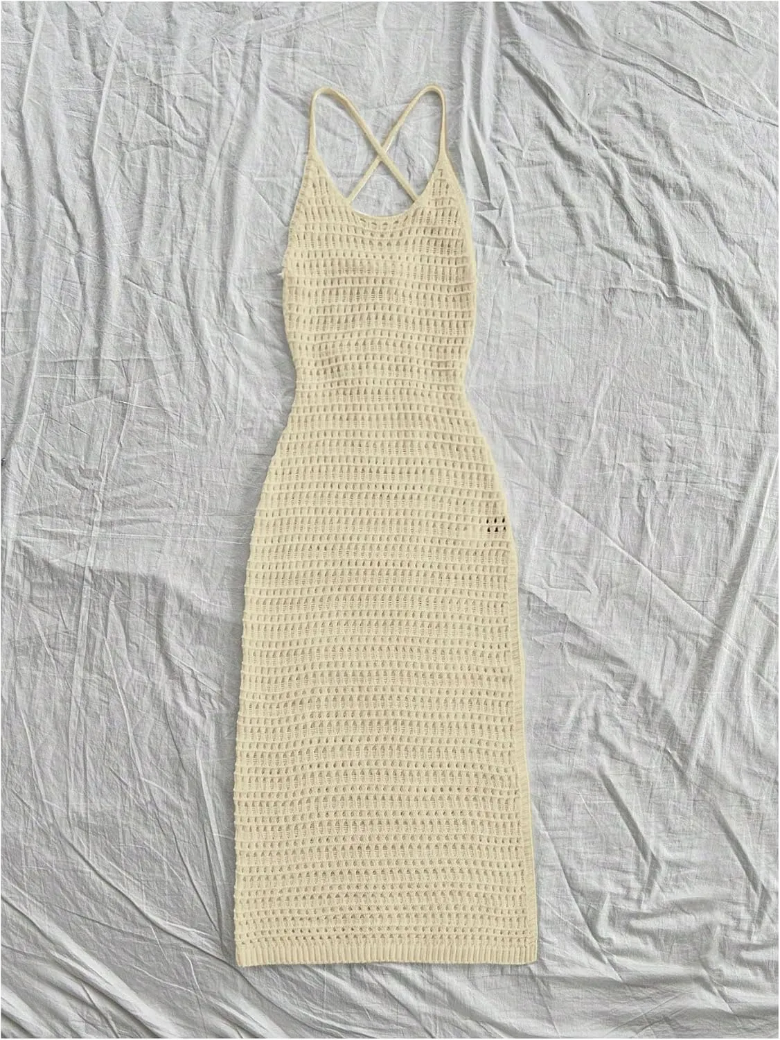 SHENHE Women's Crochet Knit Maxi Dress High Slit Backless Hollow Out Sleeveless Dress