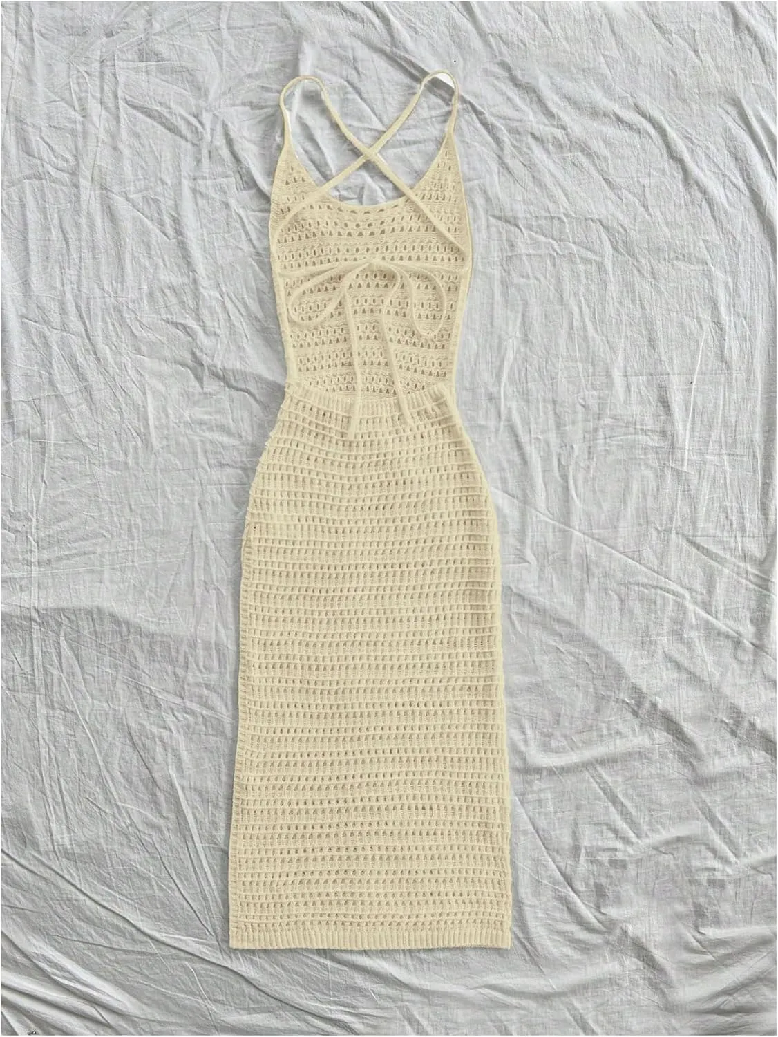 SHENHE Women's Crochet Knit Maxi Dress High Slit Backless Hollow Out Sleeveless Dress