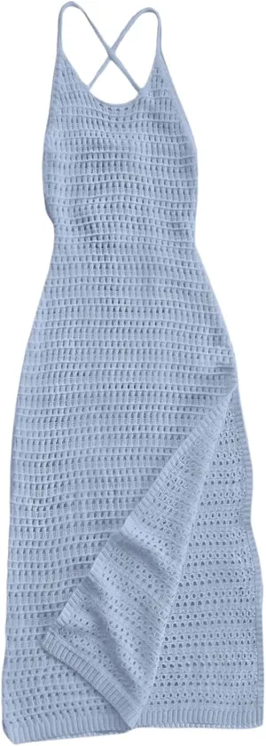 SHENHE Women's Crochet Knit Maxi Dress High Slit Backless Hollow Out Sleeveless Dress