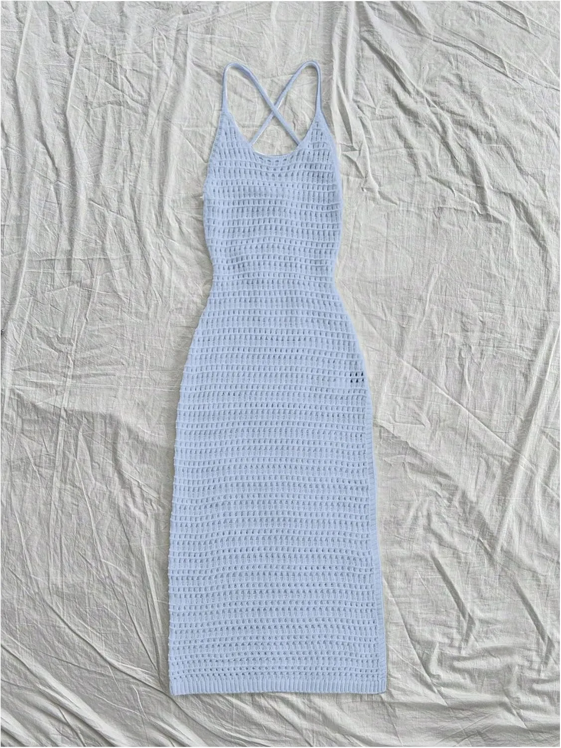 SHENHE Women's Crochet Knit Maxi Dress High Slit Backless Hollow Out Sleeveless Dress