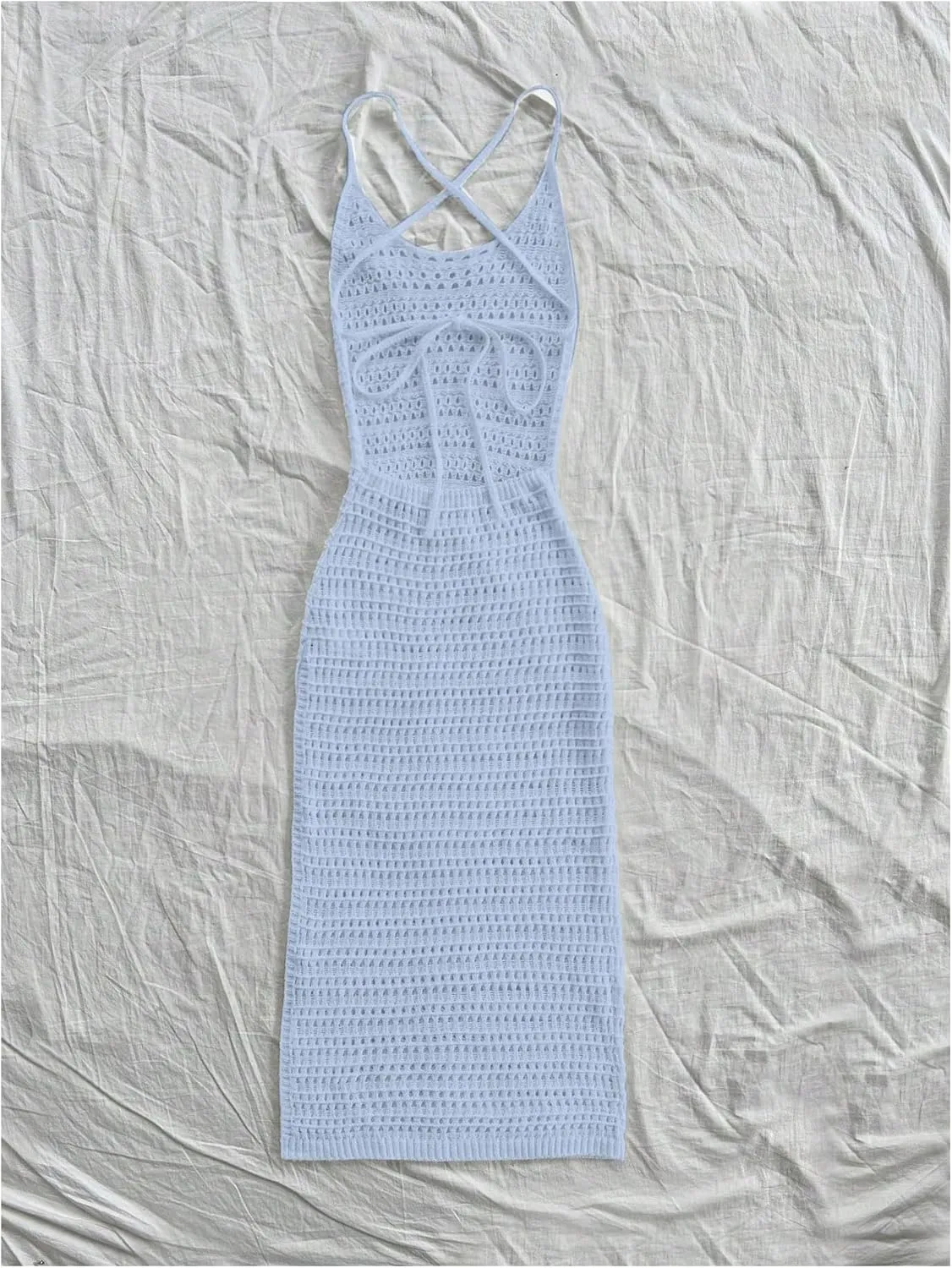 SHENHE Women's Crochet Knit Maxi Dress High Slit Backless Hollow Out Sleeveless Dress