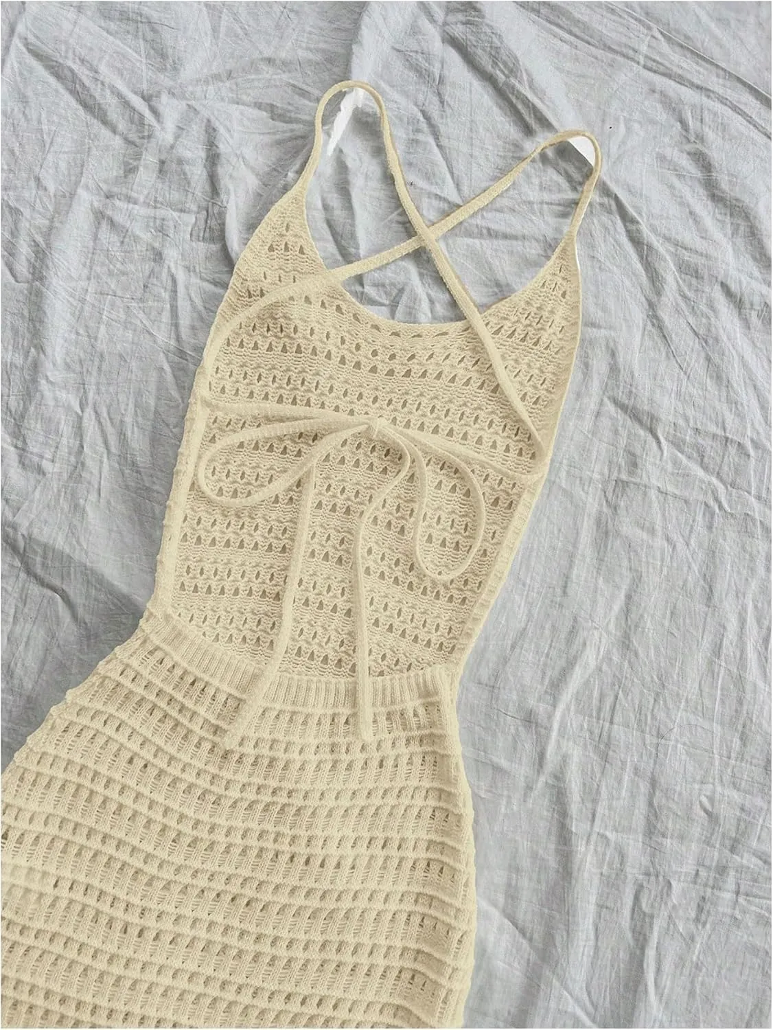 SHENHE Women's Crochet Knit Maxi Dress High Slit Backless Hollow Out Sleeveless Dress