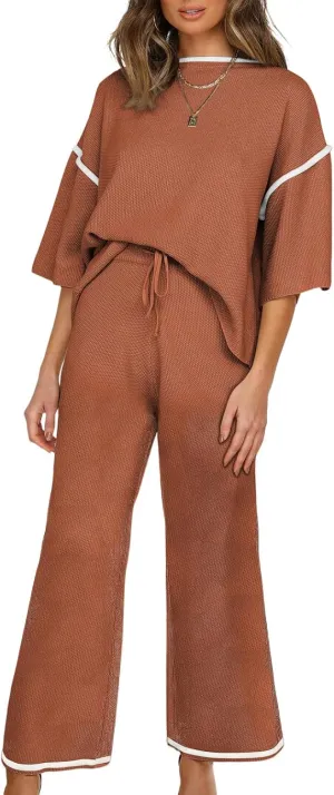 SHEWIN Womens Two Piece Outfits Casual Short Sleeve Knit Sweater Tops Matching Wide Leg Pants Tracksuit Lounge Sets