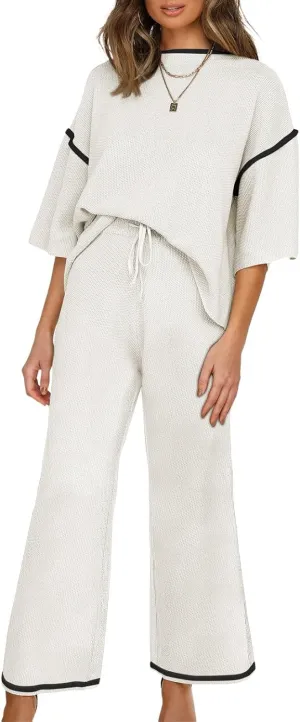 SHEWIN Womens Two Piece Outfits Casual Short Sleeve Knit Sweater Tops Matching Wide Leg Pants Tracksuit Lounge Sets