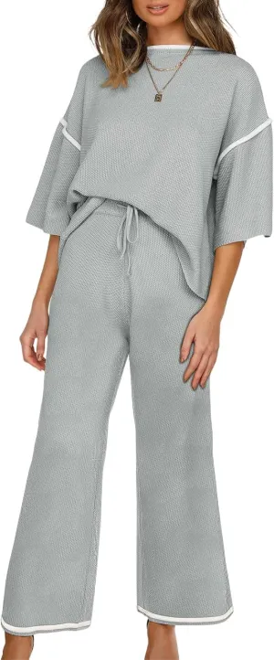 SHEWIN Womens Two Piece Outfits Casual Short Sleeve Knit Sweater Tops Matching Wide Leg Pants Tracksuit Lounge Sets