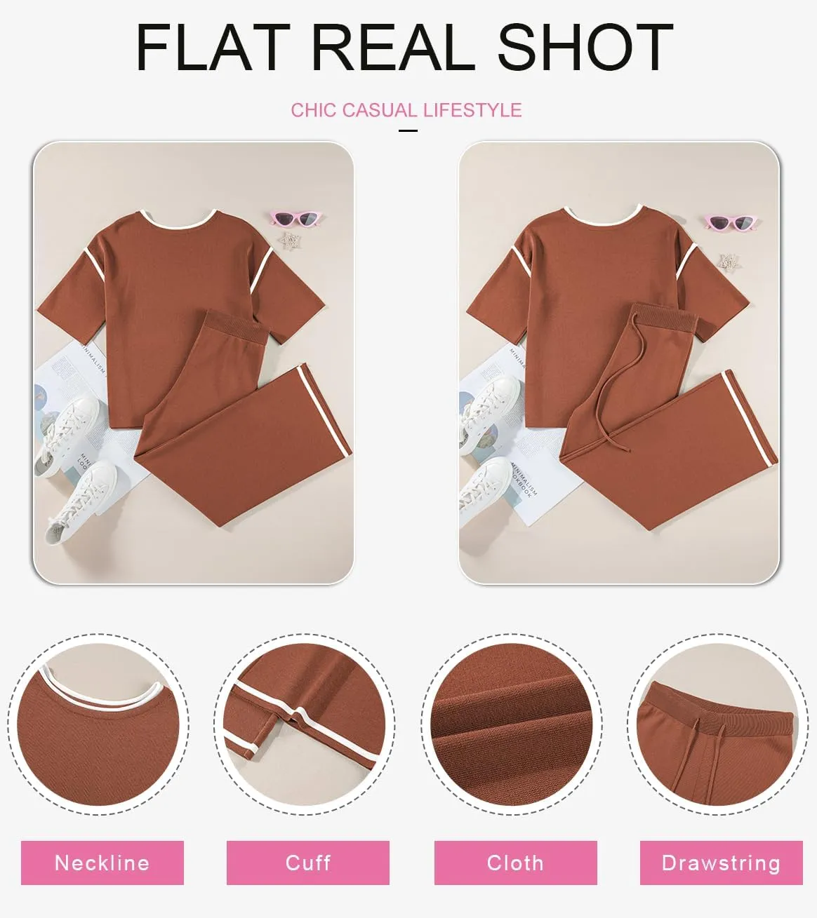 SHEWIN Womens Two Piece Outfits Casual Short Sleeve Knit Sweater Tops Matching Wide Leg Pants Tracksuit Lounge Sets