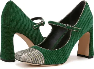 SHODENSE Women Chunky High Heel Mary Jane Pumps Shoes Square Closed Toe Ankle Strap Dress Sandals Two-Toned 3 Inch Block Heels Mary Janes Buckle Cap Toe Office Work Shoes Wedding Party Retro 4-11 M US