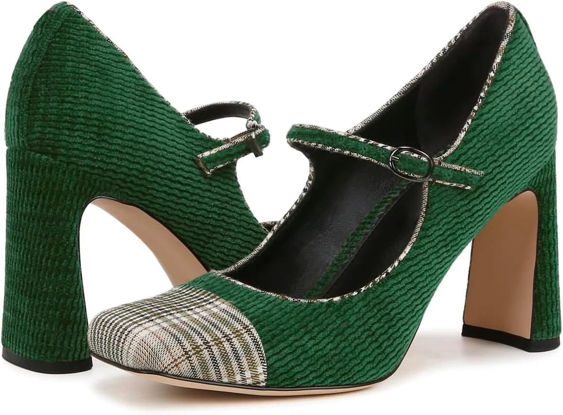SHODENSE Women Chunky High Heel Mary Jane Pumps Shoes Square Closed Toe Ankle Strap Dress Sandals Two-Toned 3 Inch Block Heels Mary Janes Buckle Cap Toe Office Work Shoes Wedding Party Retro 4-11 M US
