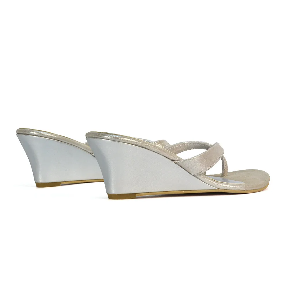 Shona Toe Post Slip On Flip Flop Low Wedge Heel Sandal Mules in Black