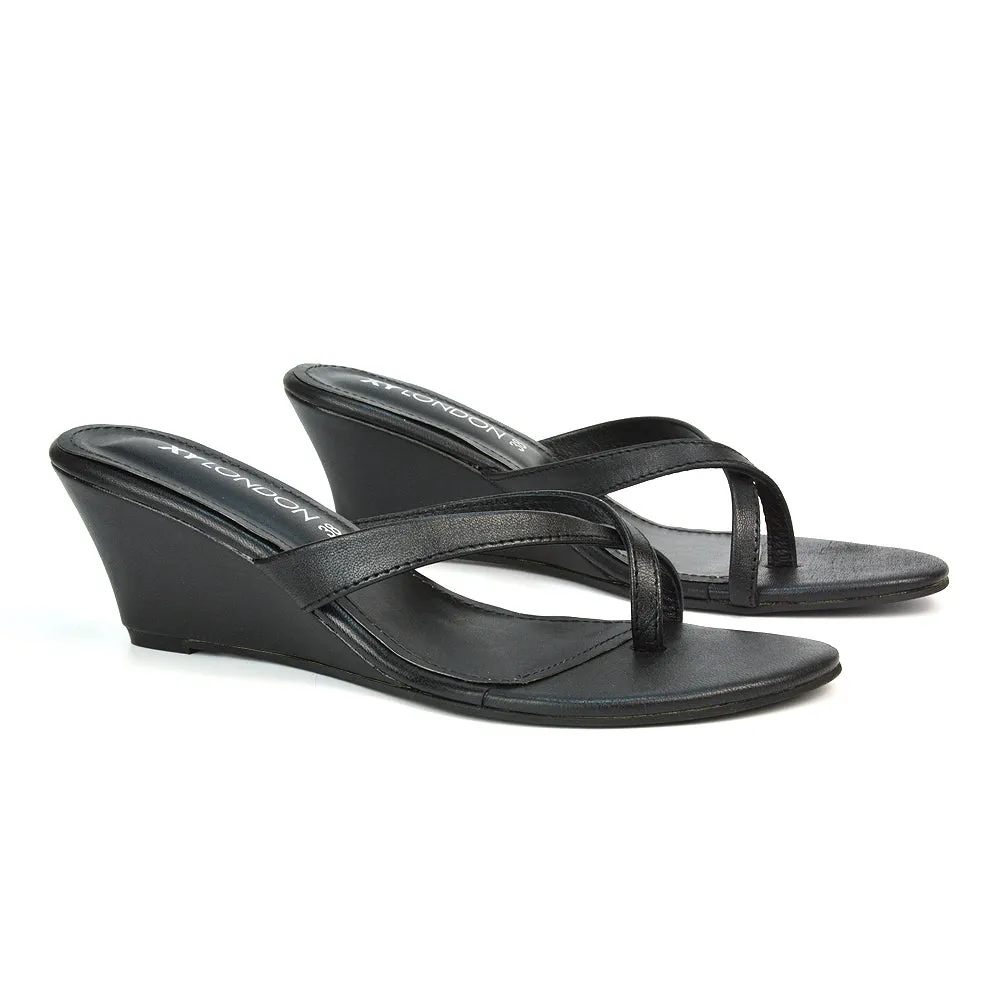 Shona Toe Post Slip On Flip Flop Low Wedge Heel Sandal Mules in Black