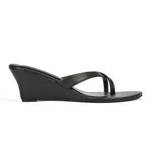 Shona Toe Post Slip On Flip Flop Low Wedge Heel Sandal Mules in Black