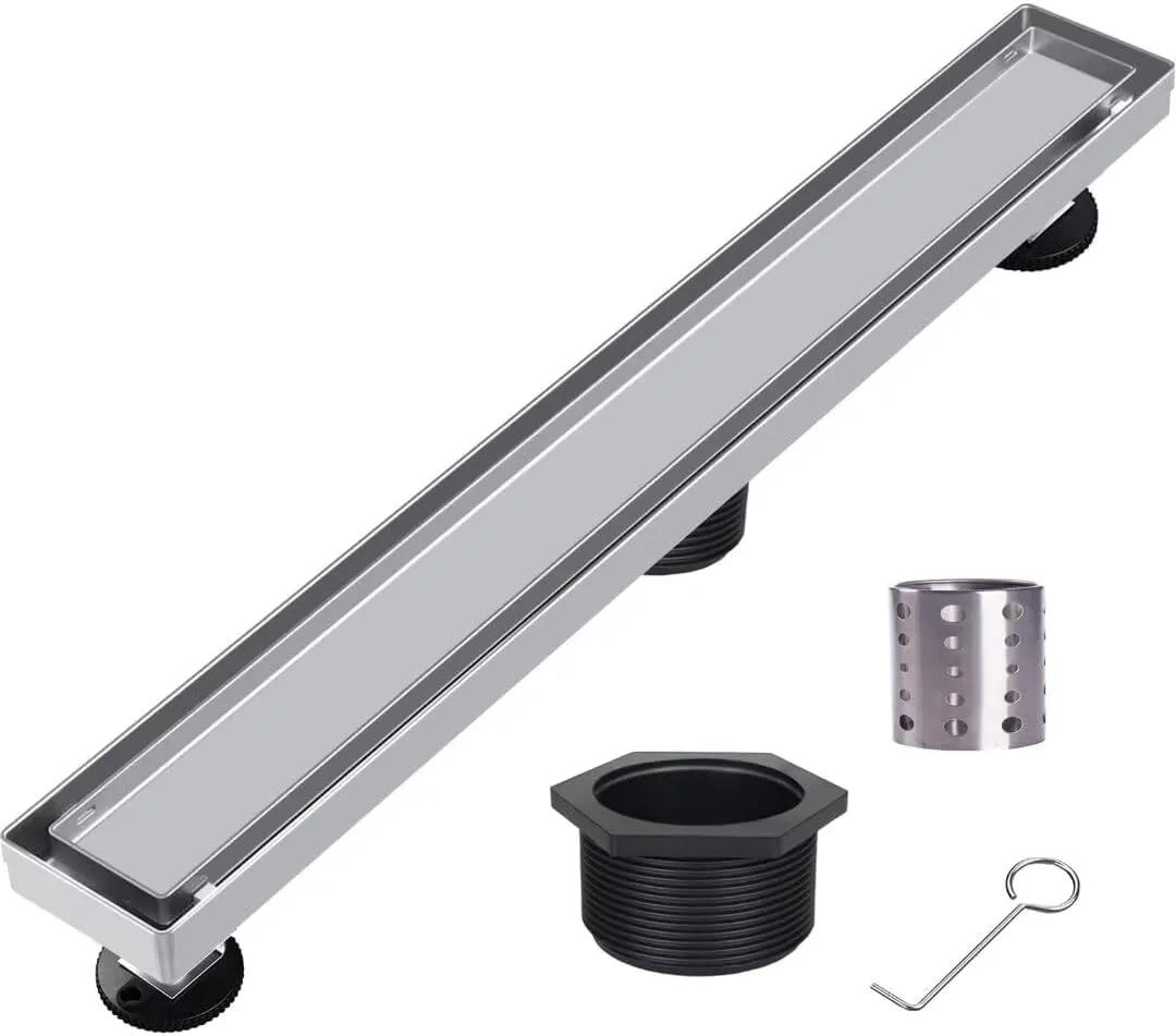 Shower Drain, 304 Stainless Steel Bathroom Linear Floor Drains Kit with Filter Bag, Adjustable Leveling Feet Silver 16 Inch