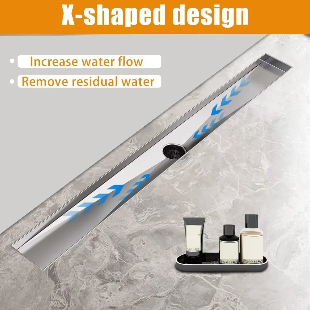 Shower Drain, 304 Stainless Steel Bathroom Linear Floor Drains Kit with Filter Bag, Adjustable Leveling Feet Silver 16 Inch