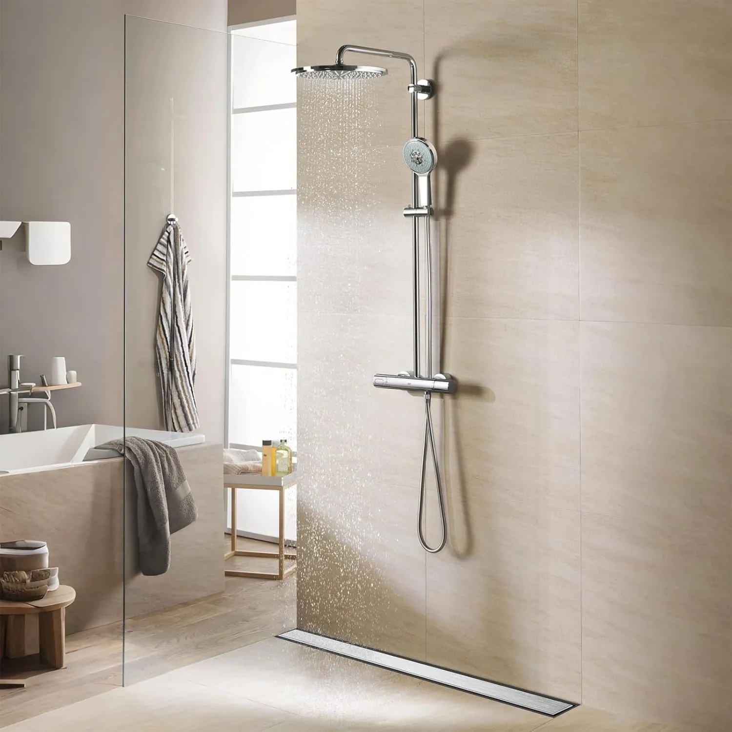 Shower Drain, 304 Stainless Steel Bathroom Linear Floor Drains Kit with Filter Bag, Adjustable Leveling Feet Silver 16 Inch