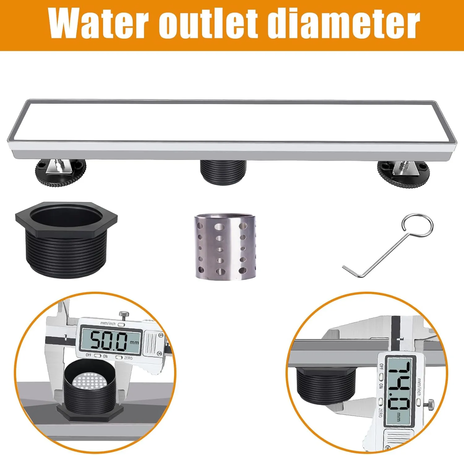 Shower Drain, 304 Stainless Steel Bathroom Linear Floor Drains Kit with Filter Bag, Adjustable Leveling Feet Silver 16 Inch