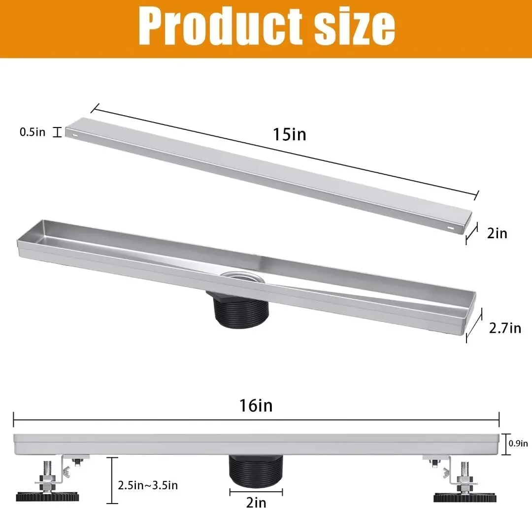 Shower Drain, 304 Stainless Steel Bathroom Linear Floor Drains Kit with Filter Bag, Adjustable Leveling Feet Silver 16 Inch