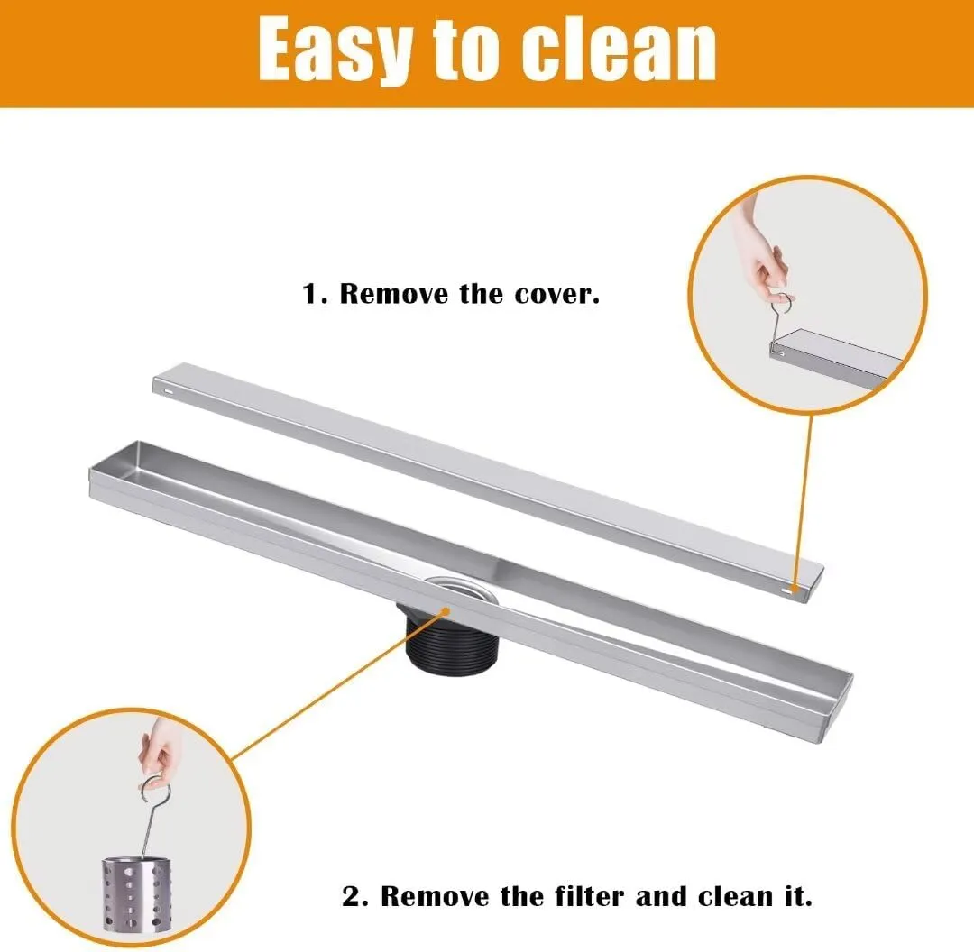 Shower Drain, 304 Stainless Steel Bathroom Linear Floor Drains Kit with Filter Bag, Adjustable Leveling Feet Silver 16 Inch