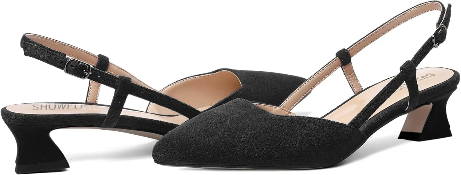 SHOWFOREST Womens Business Pointed Toe Suede Buckle Adjustable Strap Solid Closed Toe Kitten Low Heel Pumps Shoes 1.5 Inch