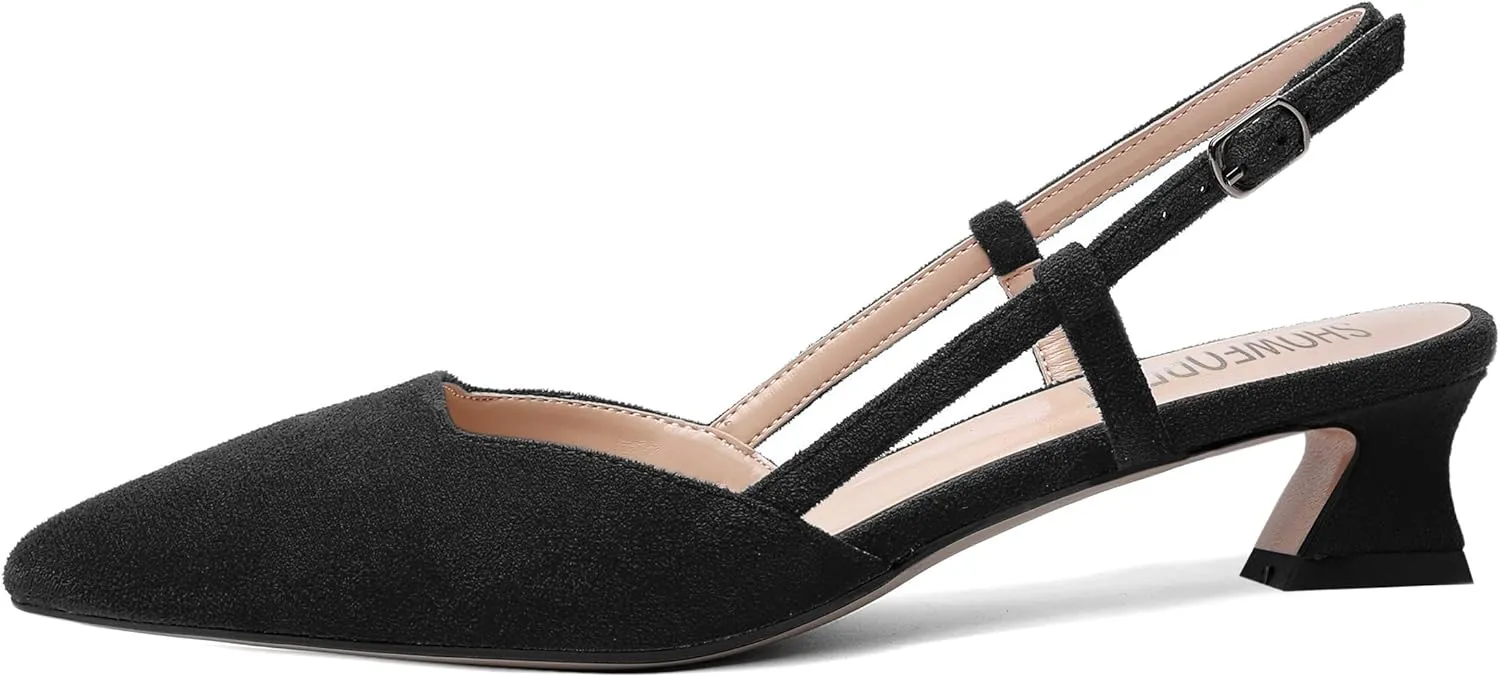 SHOWFOREST Womens Business Pointed Toe Suede Buckle Adjustable Strap Solid Closed Toe Kitten Low Heel Pumps Shoes 1.5 Inch