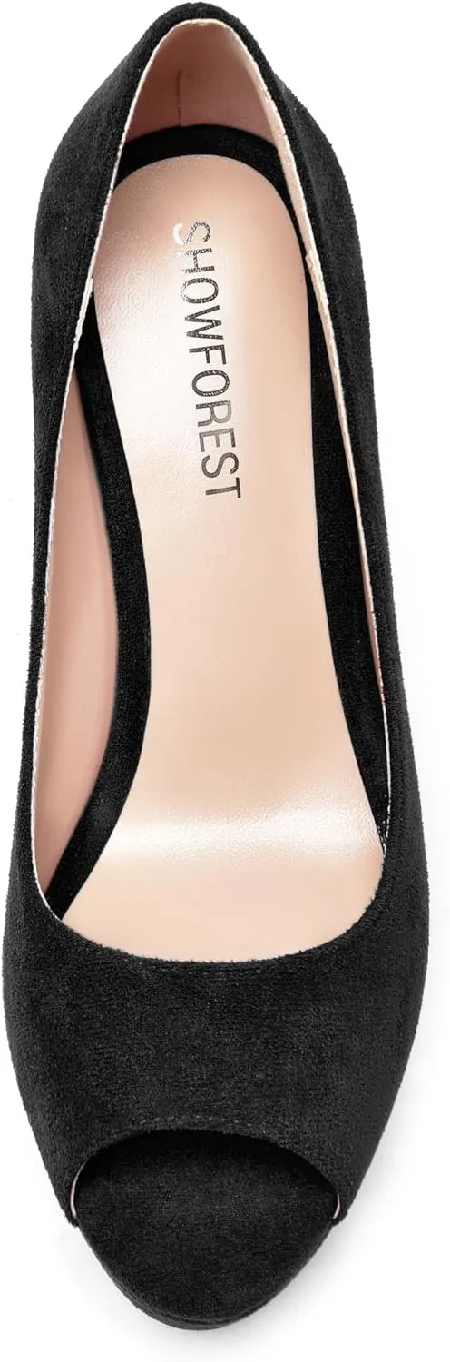SHOWFOREST Womens Slip On Suede Dating Solid Peep Toe Sexy Wedge High Heel Pumps Shoes 4 Inch