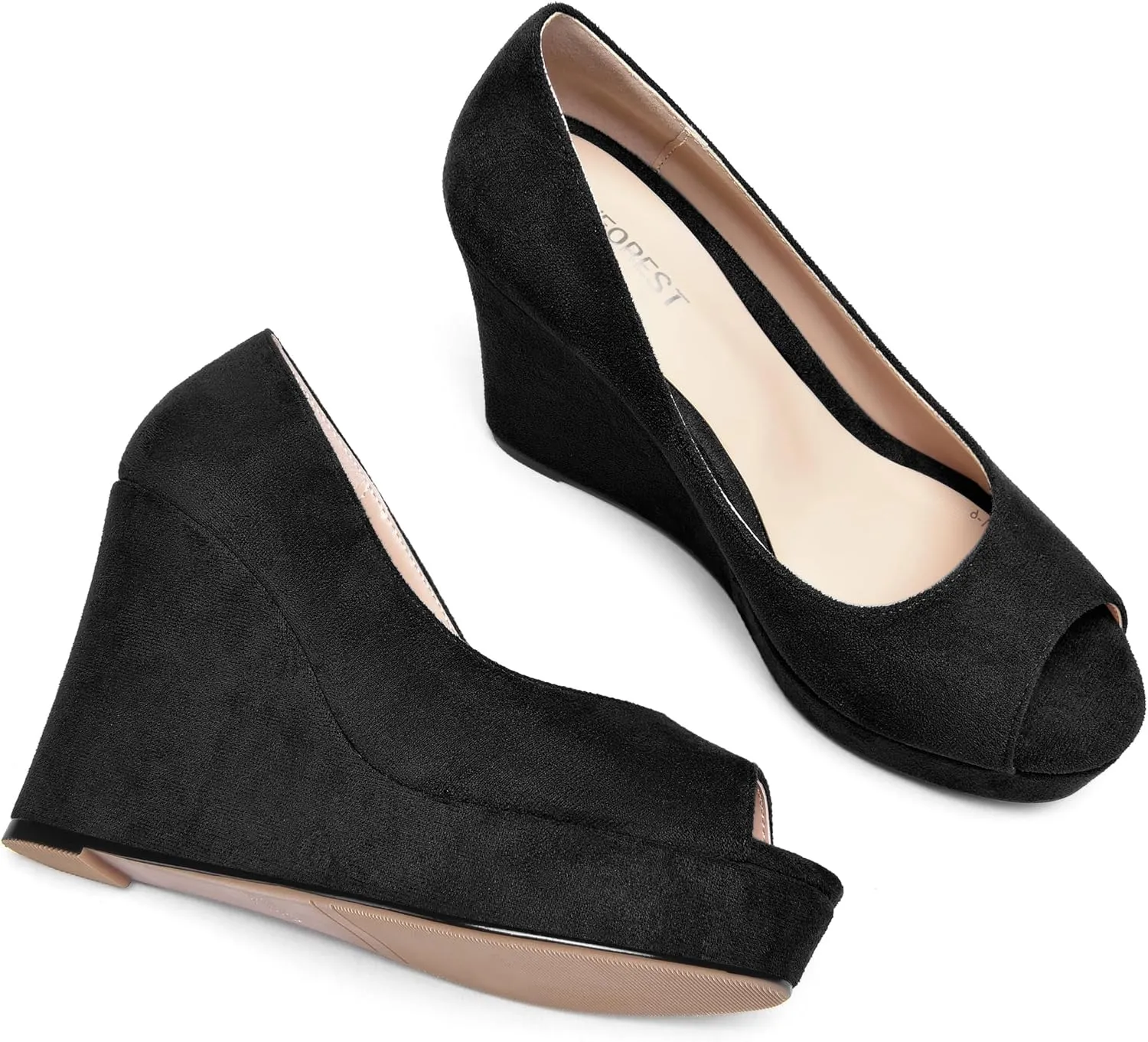 SHOWFOREST Womens Slip On Suede Dating Solid Peep Toe Sexy Wedge High Heel Pumps Shoes 4 Inch