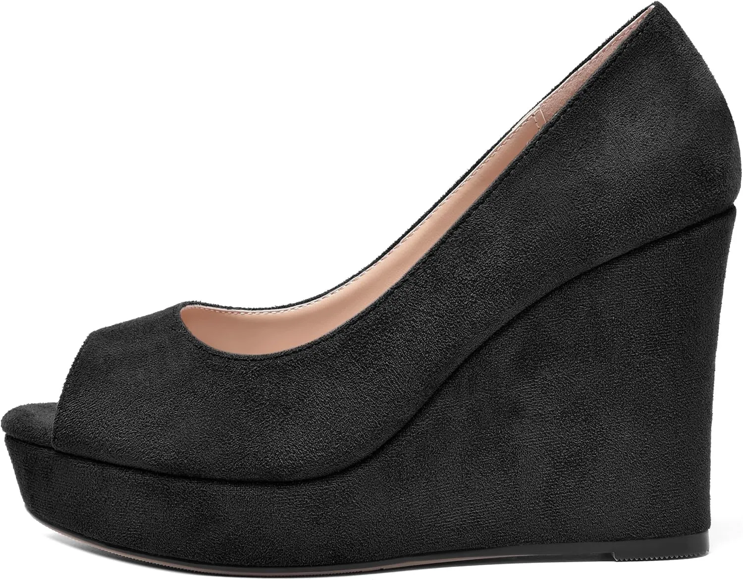 SHOWFOREST Womens Slip On Suede Dating Solid Peep Toe Sexy Wedge High Heel Pumps Shoes 4 Inch