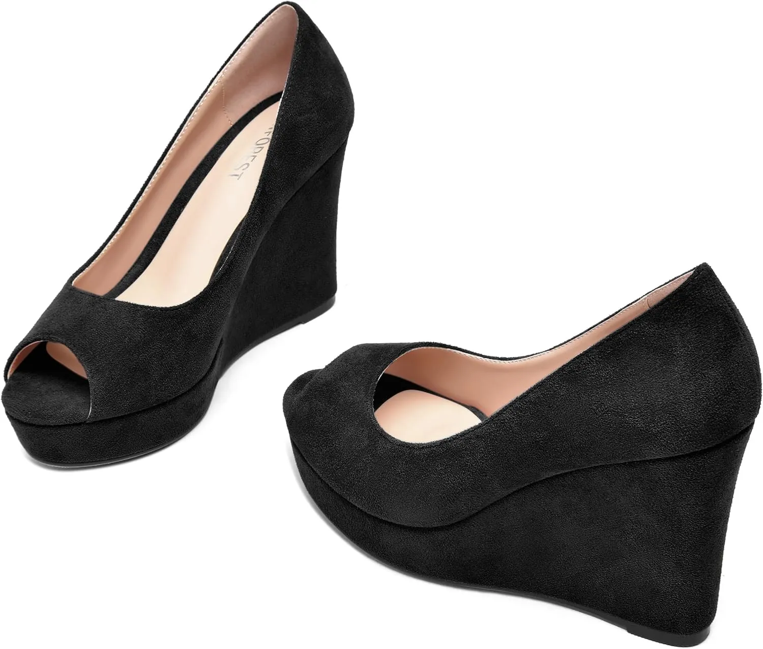 SHOWFOREST Womens Slip On Suede Dating Solid Peep Toe Sexy Wedge High Heel Pumps Shoes 4 Inch