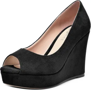 SHOWFOREST Womens Slip On Suede Dating Solid Peep Toe Sexy Wedge High Heel Pumps Shoes 4 Inch