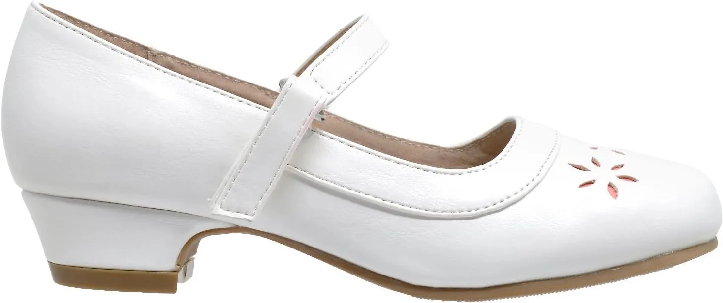 SOBEYO Girls' Dress Shoes Mary Jane Low Heel Flowers Cut Out Accents Leather Lining Insole Comfortable Memory Foam Cushion Wedding Party Princess Pump School Shoe