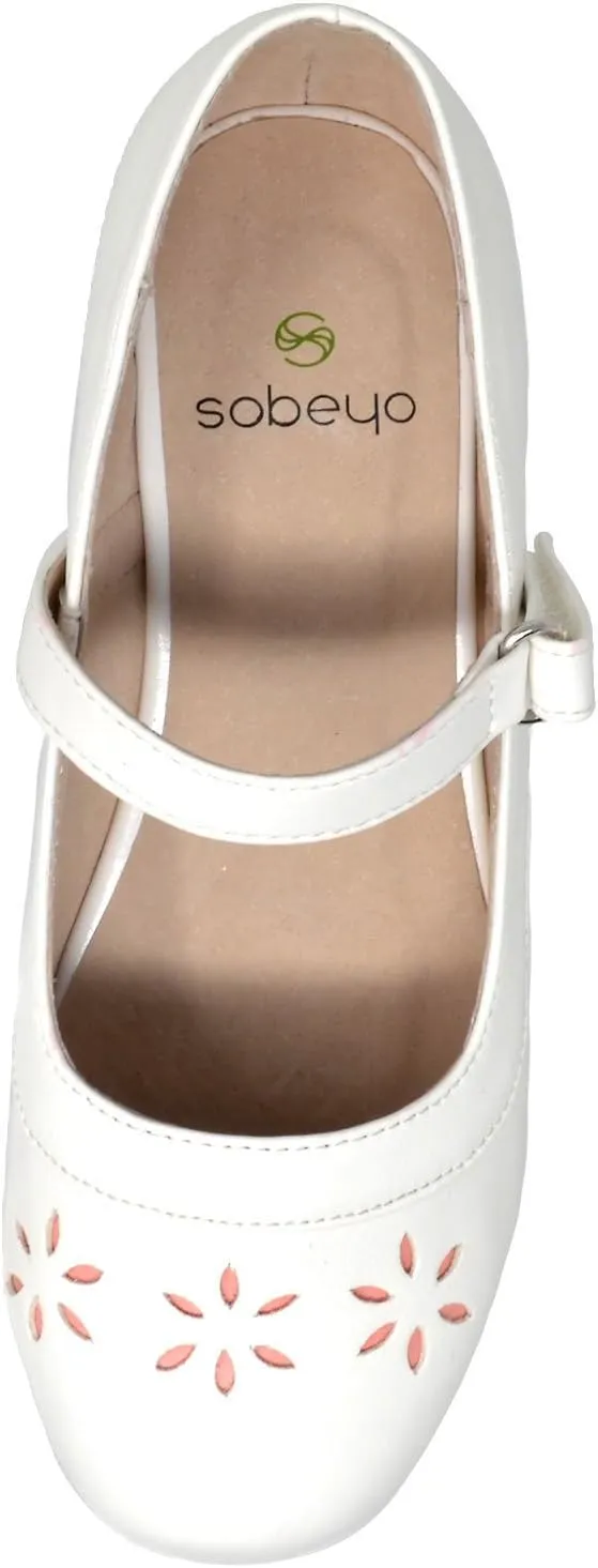 SOBEYO Girls' Dress Shoes Mary Jane Low Heel Flowers Cut Out Accents Leather Lining Insole Comfortable Memory Foam Cushion Wedding Party Princess Pump School Shoe