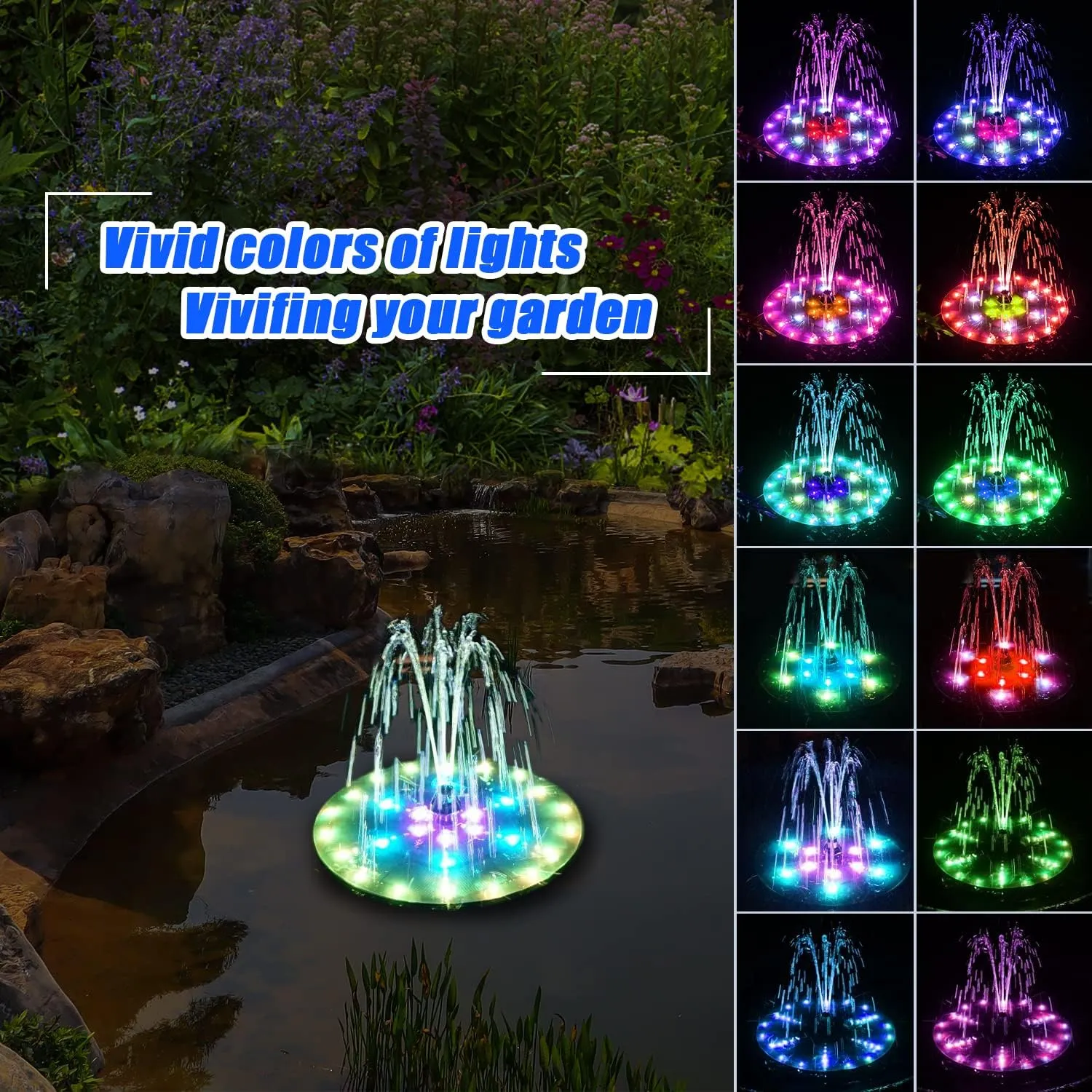 Solar Bird Bath Fountains Upgraded, 4W Solar Powered Water Fountain Pump with 4000 Battery, 7 Nozzles & 4 Fixers, Colorful LED Lights for Garden, Swimming Pool, Pond, Fish Tank and Outdoor