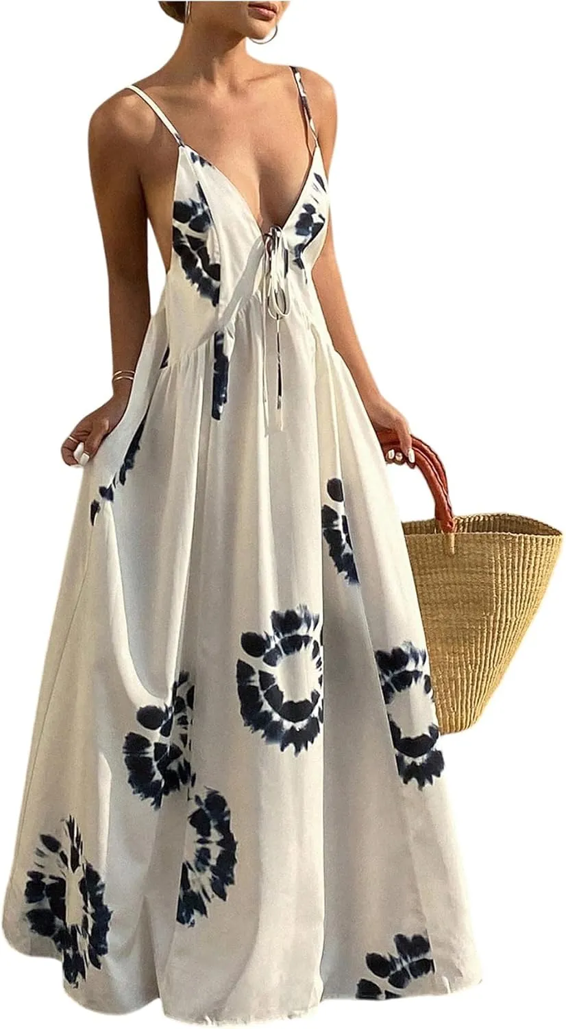 SOLY HUX Women's Boho Floral Print Backless Maxi Dress Tie Front Deep V Neck Sleeveless A Line Flowy Dresses
