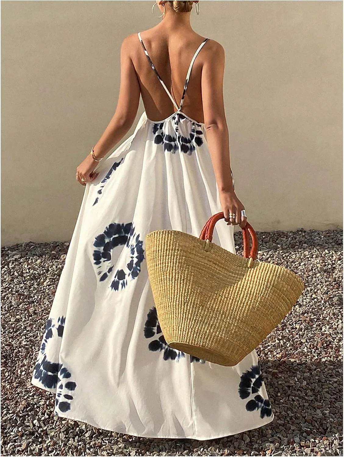 SOLY HUX Women's Boho Floral Print Backless Maxi Dress Tie Front Deep V Neck Sleeveless A Line Flowy Dresses