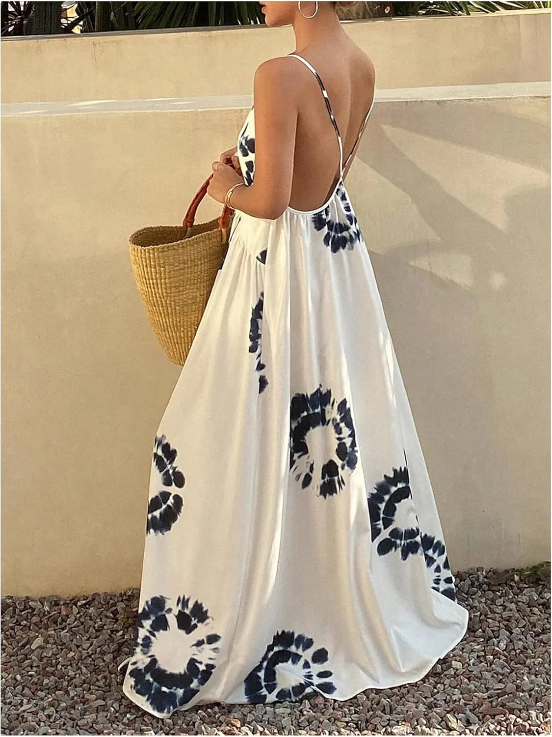 SOLY HUX Women's Boho Floral Print Backless Maxi Dress Tie Front Deep V Neck Sleeveless A Line Flowy Dresses