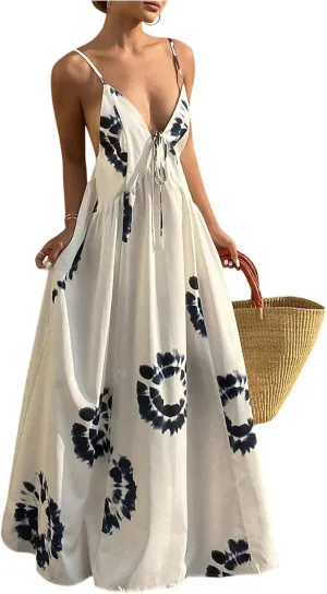 SOLY HUX Women's Boho Floral Print Backless Maxi Dress Tie Front Deep V Neck Sleeveless A Line Flowy Dresses