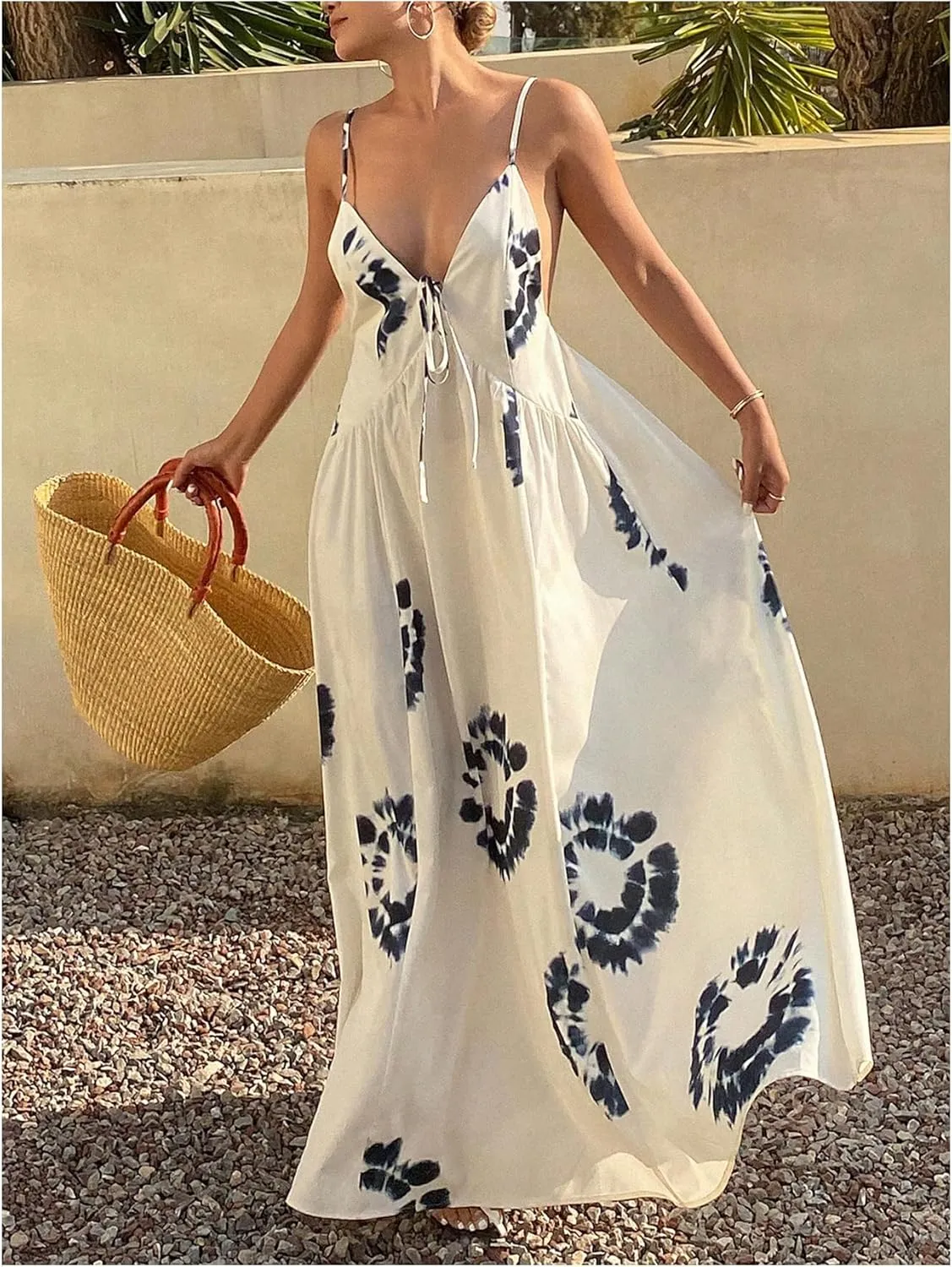 SOLY HUX Women's Boho Floral Print Backless Maxi Dress Tie Front Deep V Neck Sleeveless A Line Flowy Dresses